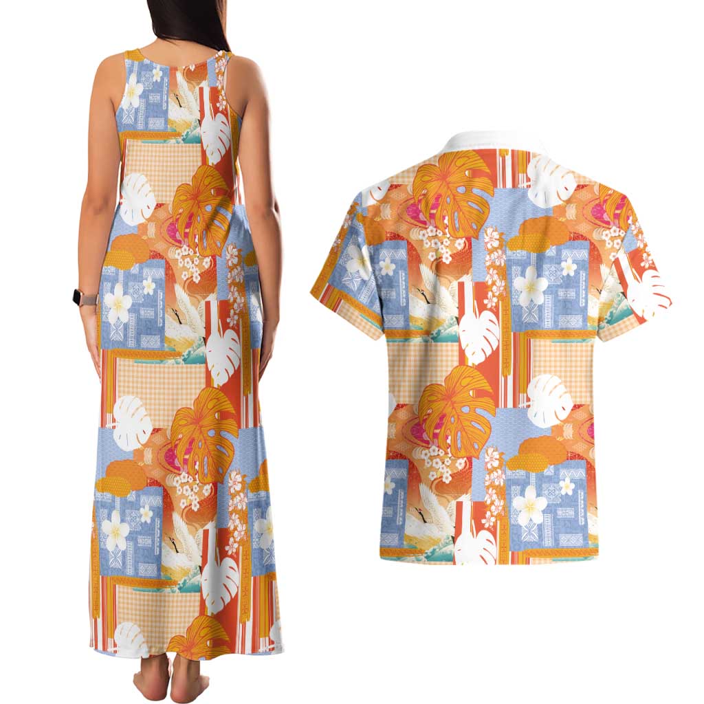 Hawaiian and Japanese Culture Together Couples Matching Tank Maxi Dress and Hawaiian Shirt Palaka Japanese Art and Tropical Motif Tribal Patchwork LT03 - Polynesian Pride