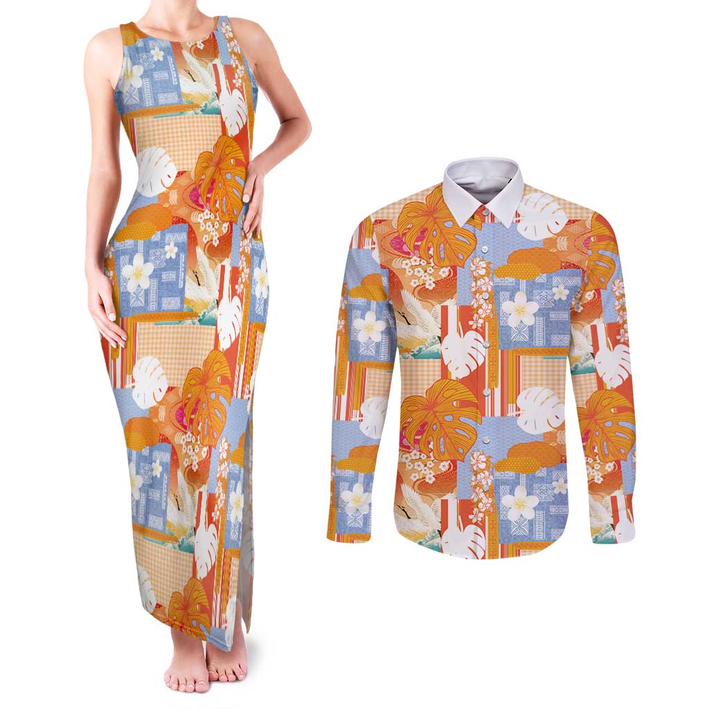 Hawaiian and Japanese Culture Together Couples Matching Tank Maxi Dress and Long Sleeve Button Shirt Palaka Japanese Art and Tropical Motif Tribal Patchwork