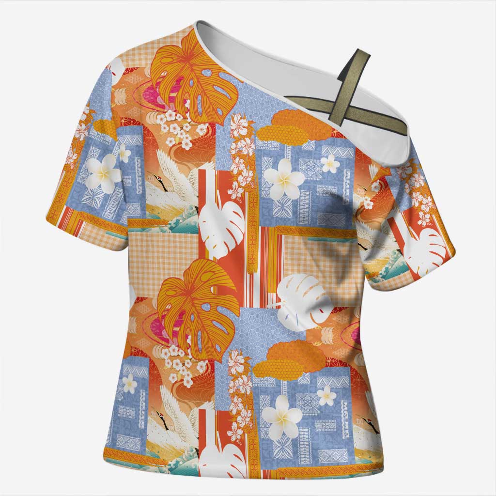 Hawaiian and Japanese Culture Together Cross Shoulder Shirt Palaka Japanese Art and Tropical Motif Tribal Patchwork