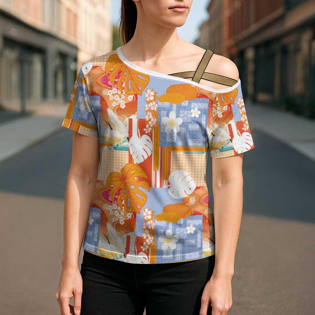 Hawaiian and Japanese Culture Together Cross Shoulder Shirt Palaka Japanese Art and Tropical Motif Tribal Patchwork LT03 - Polynesian Pride