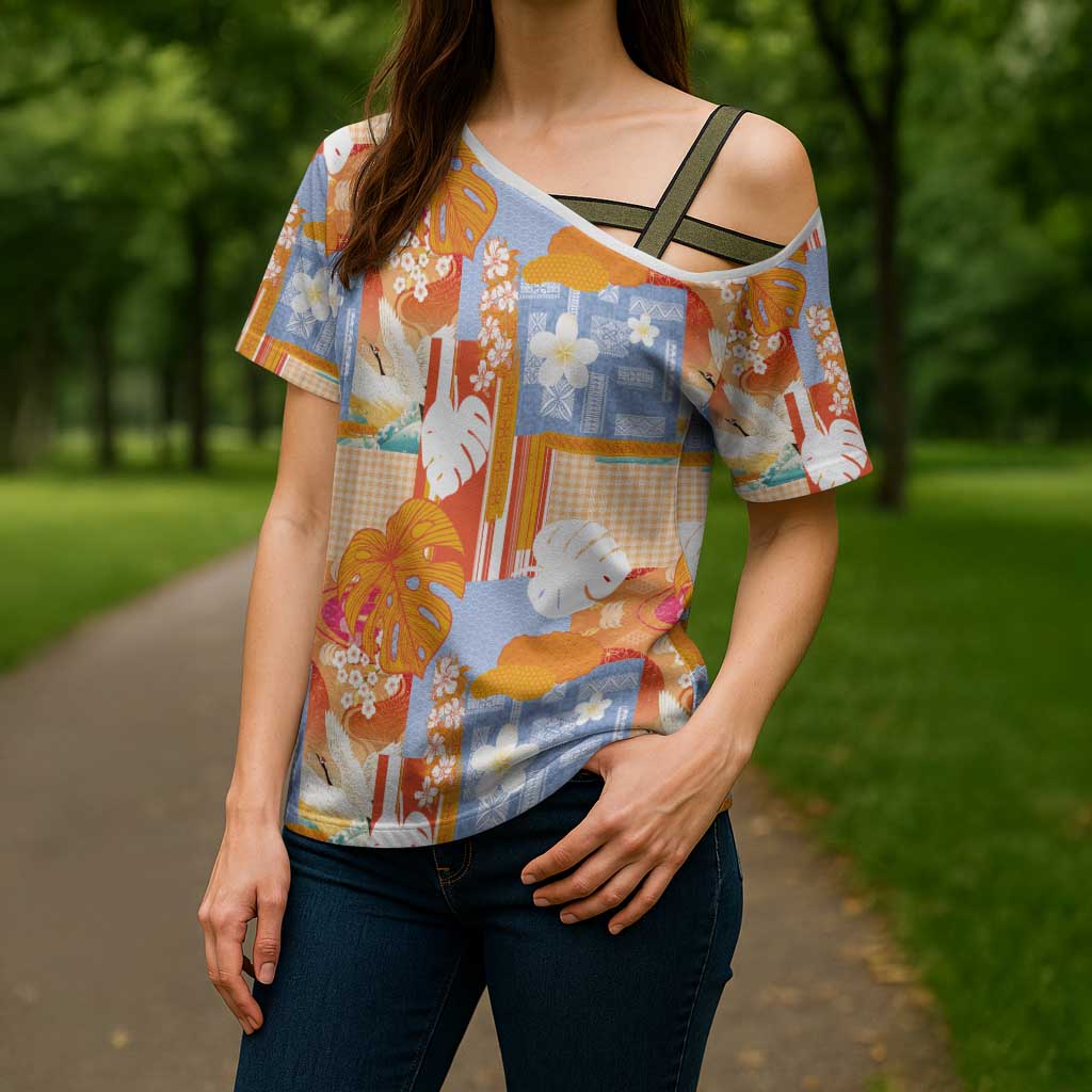 Hawaiian and Japanese Culture Together Cross Shoulder Shirt Palaka Japanese Art and Tropical Motif Tribal Patchwork LT03 - Polynesian Pride