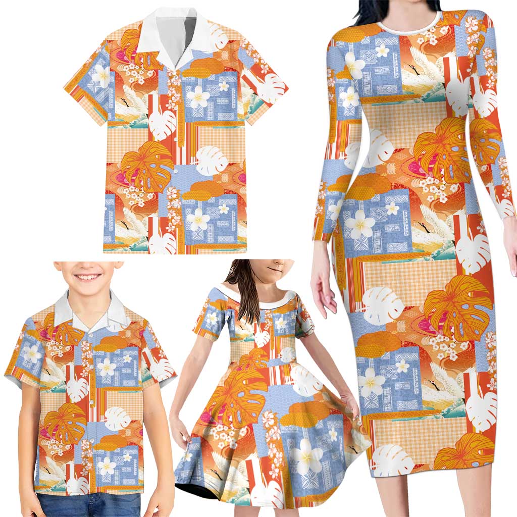 Hawaiian and Japanese Culture Together Family Matching Long Sleeve Bodycon Dress and Hawaiian Shirt Palaka Japanese Art and Tropical Motif Tribal Patchwork LT03 - Polynesian Pride