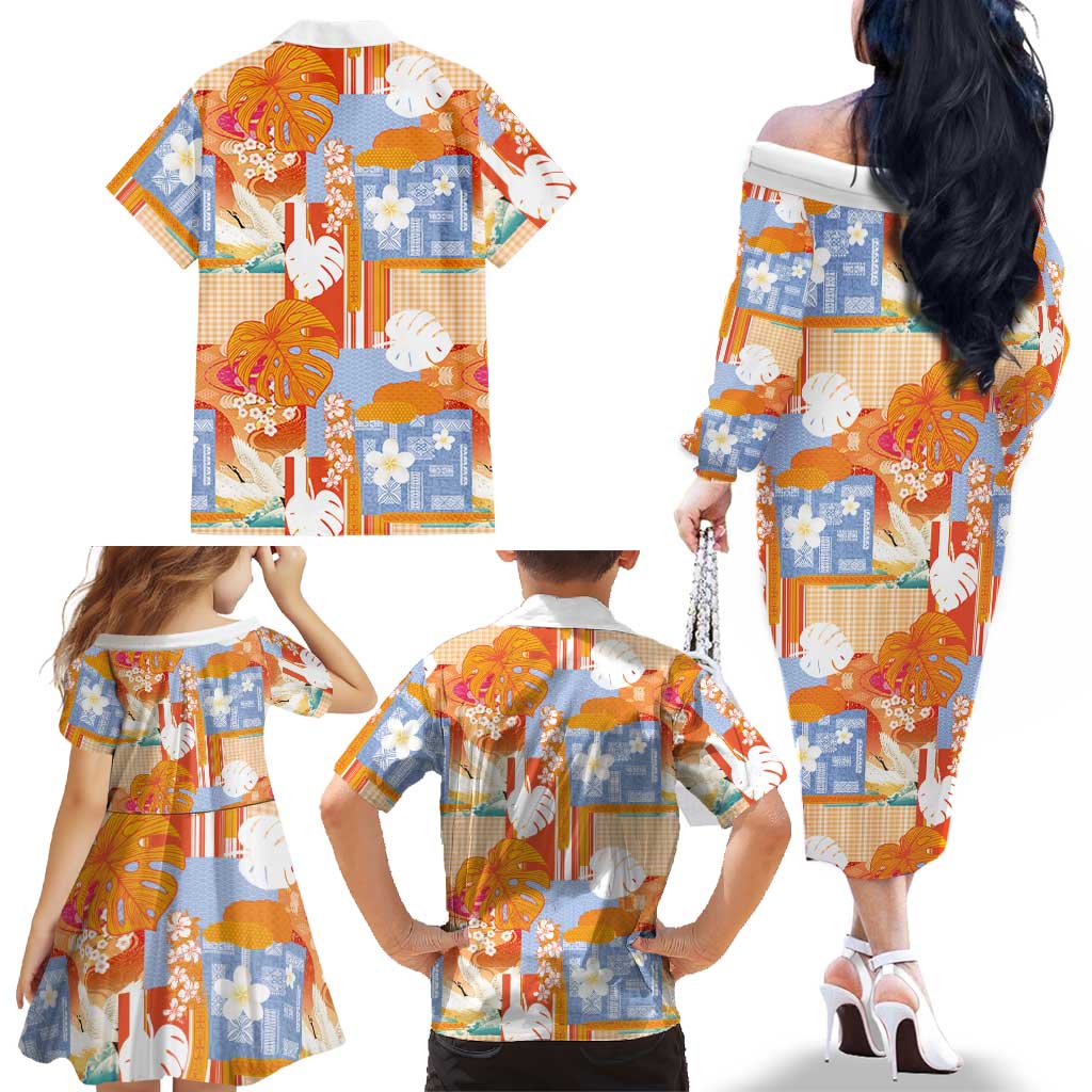 Hawaiian and Japanese Culture Together Family Matching Off The Shoulder Long Sleeve Dress and Hawaiian Shirt Palaka Japanese Art and Tropical Motif Tribal Patchwork LT03 - Polynesian Pride