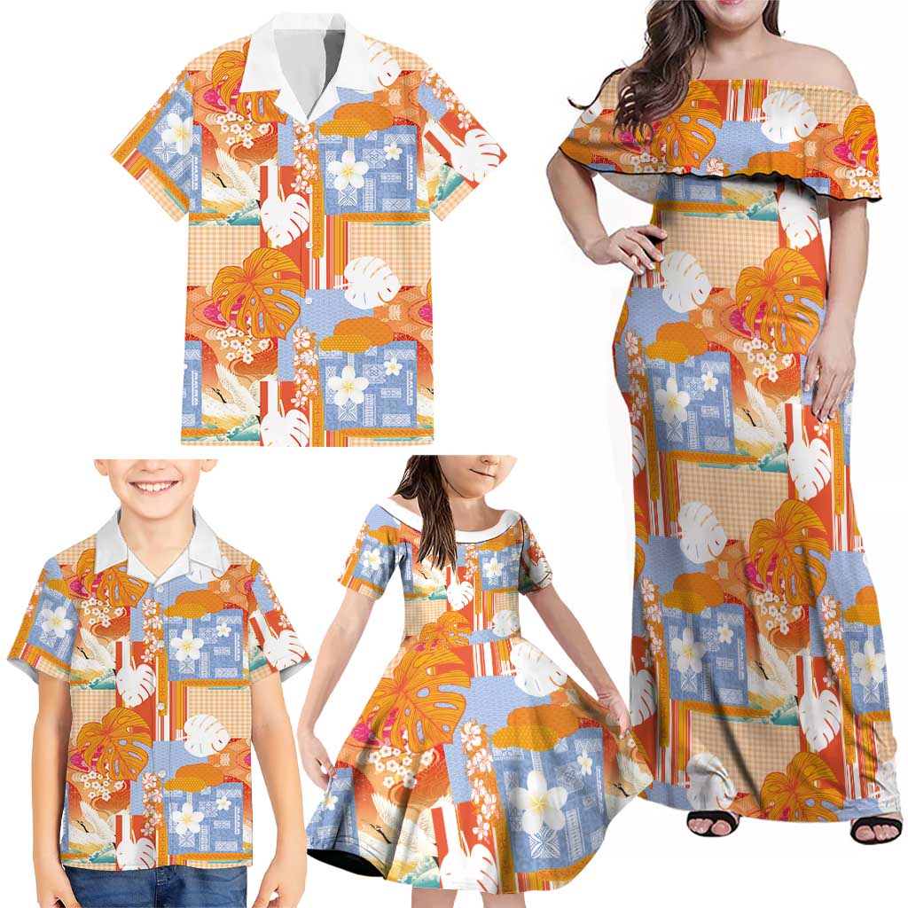 Hawaiian and Japanese Culture Together Family Matching Off Shoulder Maxi Dress and Hawaiian Shirt Palaka Japanese Art and Tropical Motif Tribal Patchwork