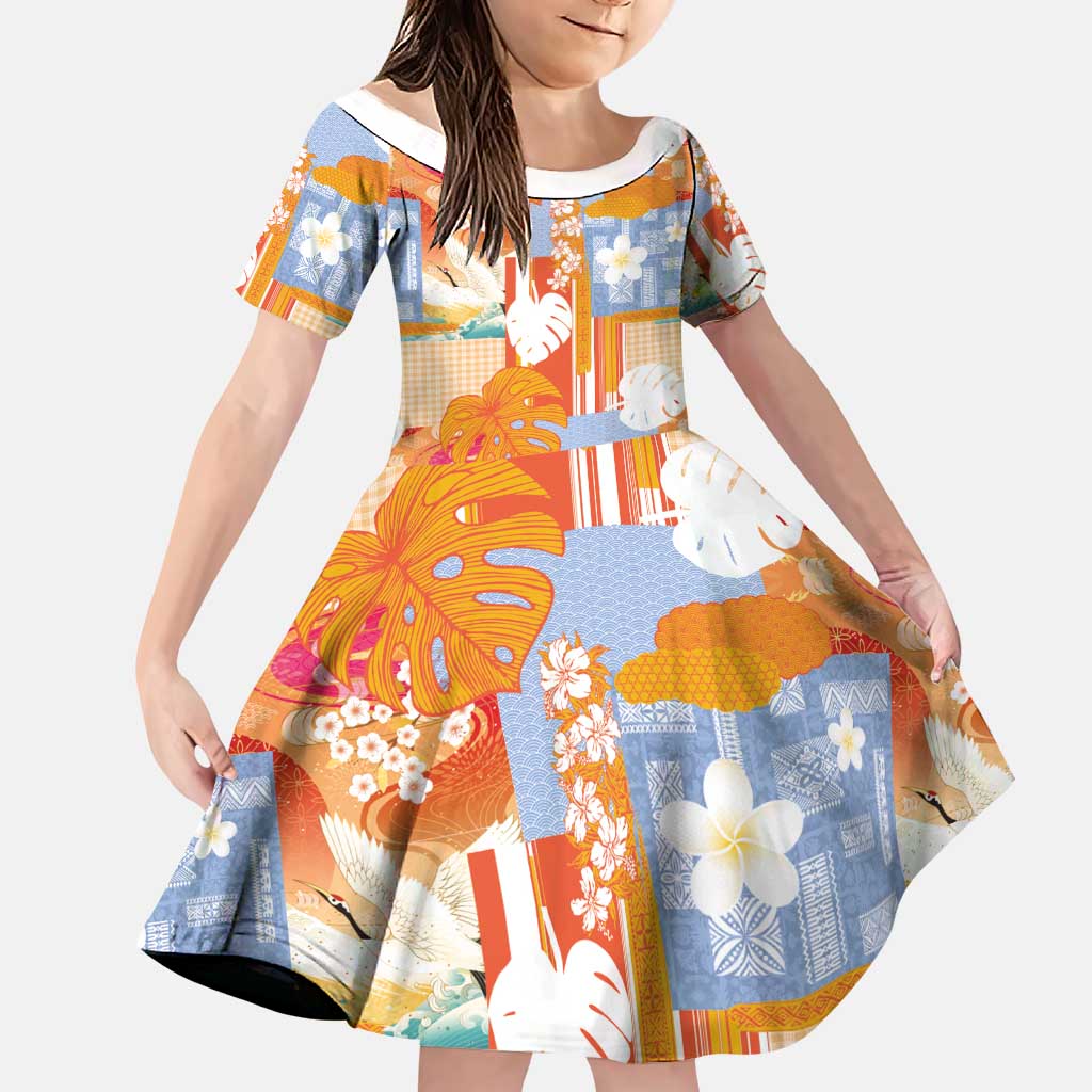Hawaiian and Japanese Culture Together Family Matching Off Shoulder Short Dress and Hawaiian Shirt Palaka Japanese Art and Tropical Motif Tribal Patchwork LT03 Daughter's Dress Multicolor - Polynesian Pride
