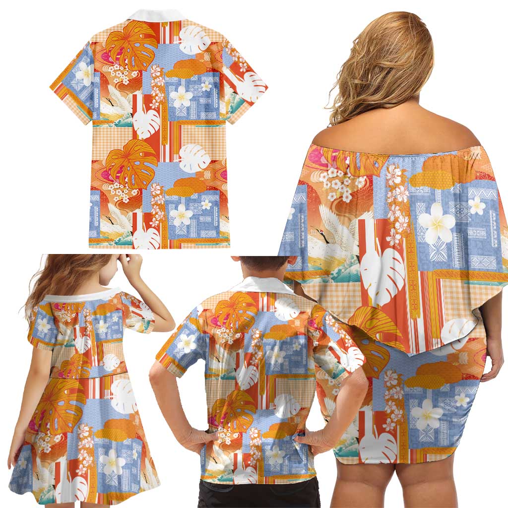 Hawaiian and Japanese Culture Together Family Matching Off Shoulder Short Dress and Hawaiian Shirt Palaka Japanese Art and Tropical Motif Tribal Patchwork LT03 - Polynesian Pride