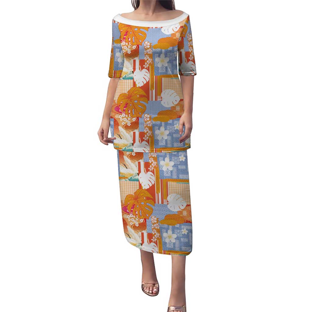 Hawaiian and Japanese Culture Together Family Matching Puletasi and Hawaiian Shirt Palaka Japanese Art and Tropical Motif Tribal Patchwork LT03 Mom's Dress Multicolor - Polynesian Pride