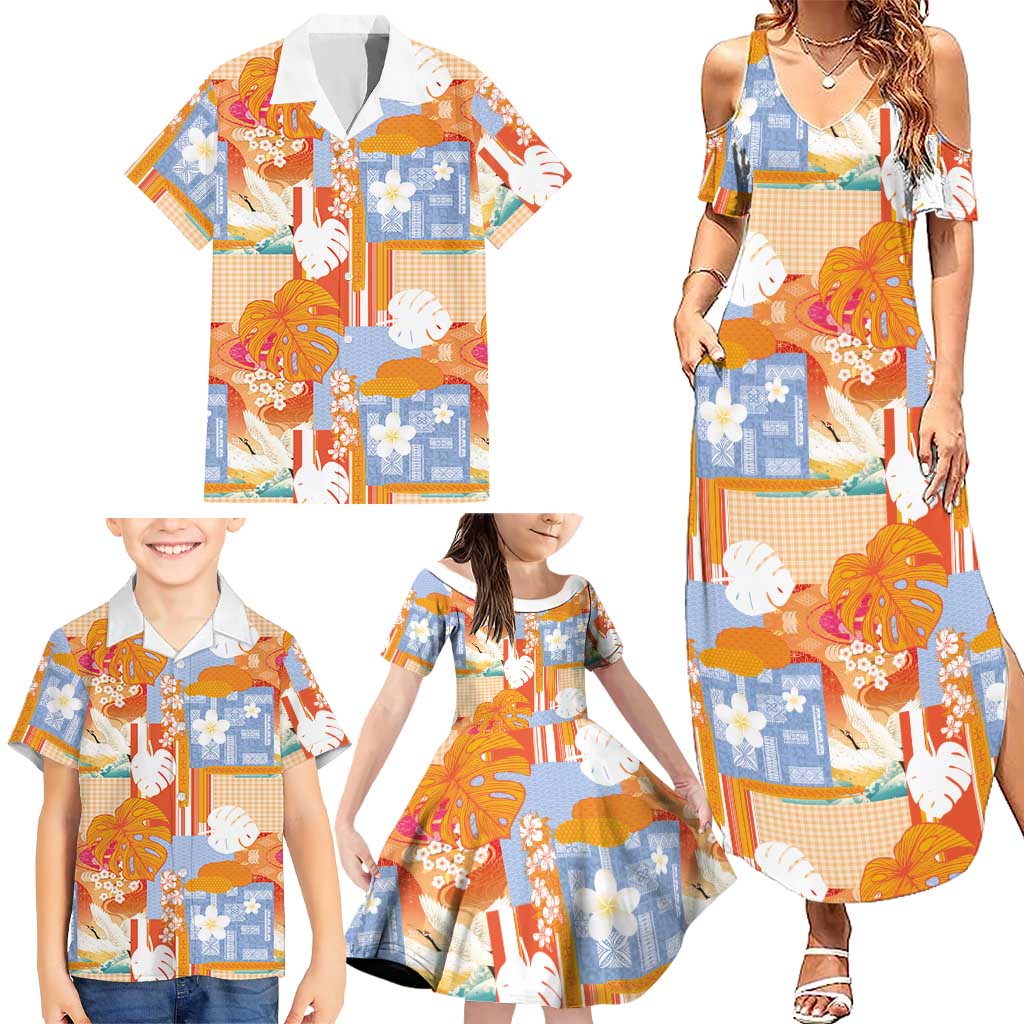 Hawaiian and Japanese Culture Together Family Matching Summer Maxi Dress and Hawaiian Shirt Palaka Japanese Art and Tropical Motif Tribal Patchwork