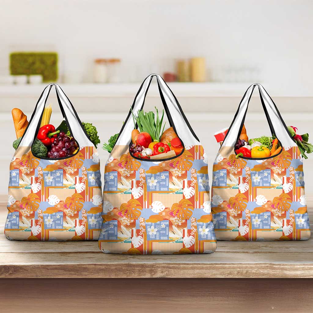 Hawaiian and Japanese Culture Together Grocery Bag Palaka Japanese Art and Tropical Motif Tribal Patchwork LT03 3-pack One Size Multicolor - Polynesian Pride