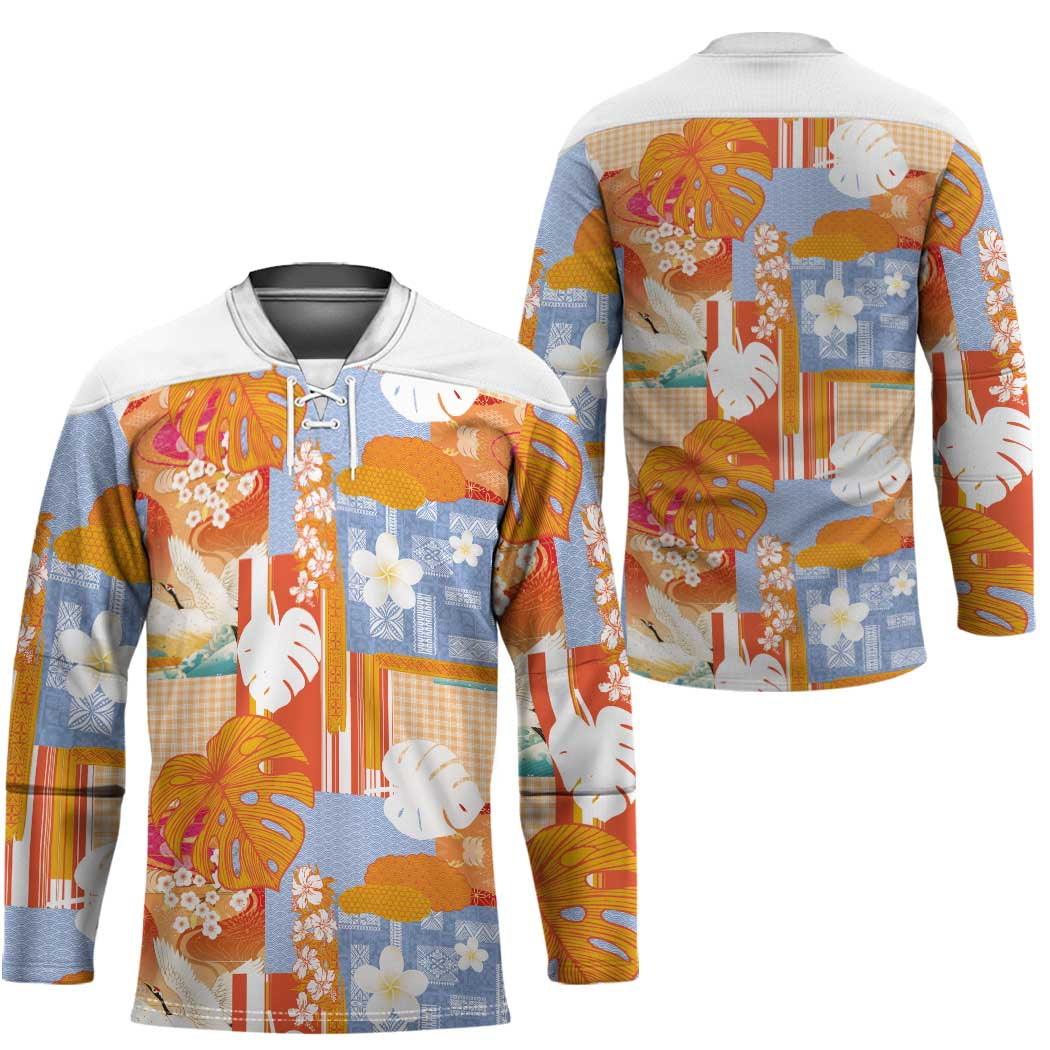 Hawaiian and Japanese Culture Together Hockey Jersey Palaka Japanese Art and Tropical Motif Tribal Patchwork LT03 - Polynesian Pride