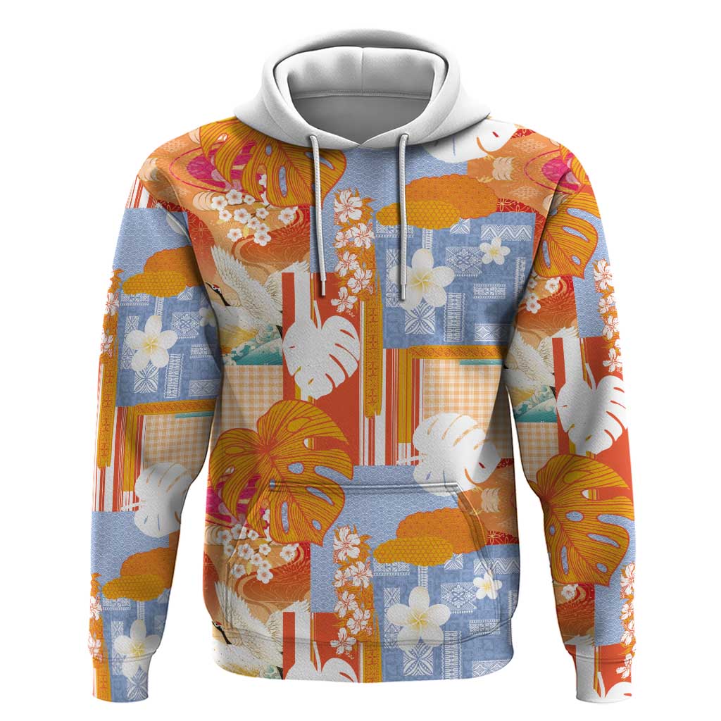 Hawaiian and Japanese Culture Together Hoodie Palaka Japanese Art and Tropical Motif Tribal Patchwork LT03 Pullover Hoodie Multicolor - Polynesian Pride