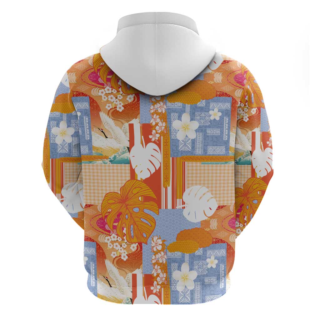Hawaiian and Japanese Culture Together Hoodie Palaka Japanese Art and Tropical Motif Tribal Patchwork LT03 - Polynesian Pride