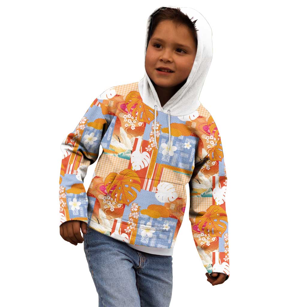 Hawaiian and Japanese Culture Together Kid Hoodie Palaka Japanese Art and Tropical Motif Tribal Patchwork LT03 - Polynesian Pride