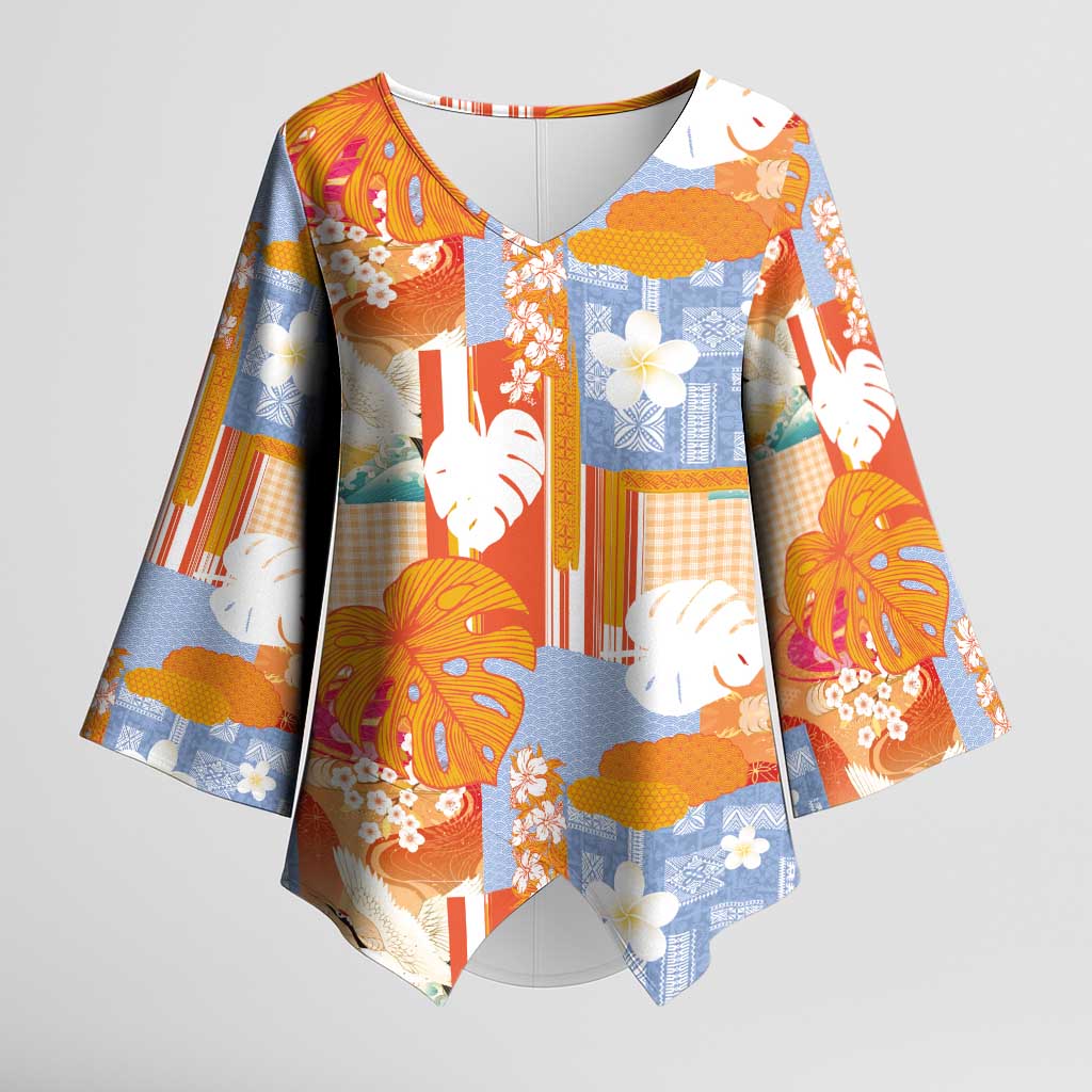 Hawaiian and Japanese Culture Together Kimono Sleeve Blouse Palaka Japanese Art and Tropical Motif Tribal Patchwork