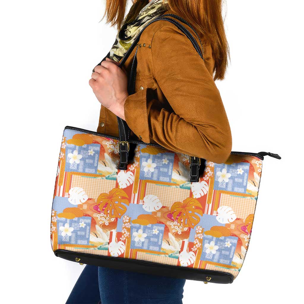Hawaiian and Japanese Culture Together Leather Tote Bag Palaka Japanese Art and Tropical Motif Tribal Patchwork LT03 Multicolor - Polynesian Pride