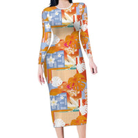 Hawaiian and Japanese Culture Together Long Sleeve Bodycon Dress Palaka Japanese Art and Tropical Motif Tribal Patchwork LT03 Long Dress Multicolor - Polynesian Pride