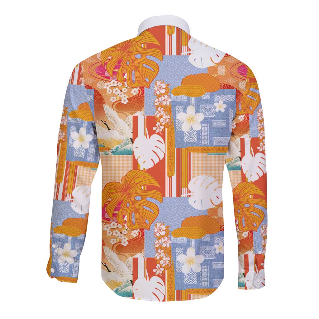 Hawaiian and Japanese Culture Together Long Sleeve Button Shirt Palaka Japanese Art and Tropical Motif Tribal Patchwork LT03 - Polynesian Pride