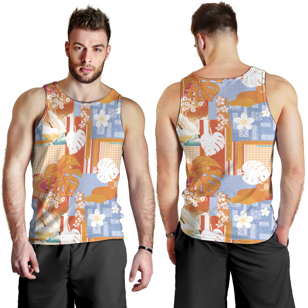 Hawaiian and Japanese Culture Together Men Tank Top Palaka Japanese Art and Tropical Motif Tribal Patchwork LT03 - Polynesian Pride