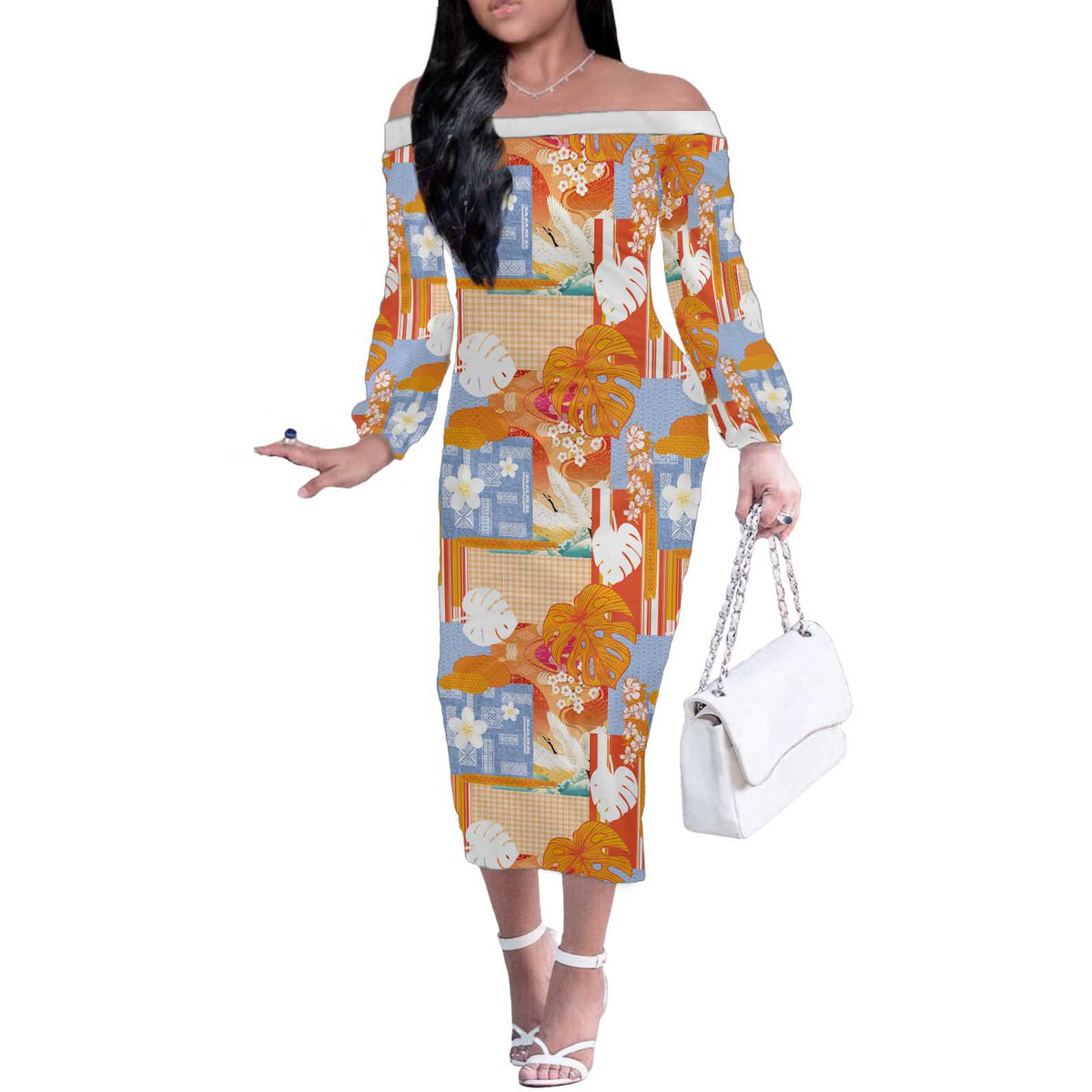 Hawaiian and Japanese Culture Together Off The Shoulder Long Sleeve Dress Palaka Japanese Art and Tropical Motif Tribal Patchwork LT03 Women Multicolor - Polynesian Pride