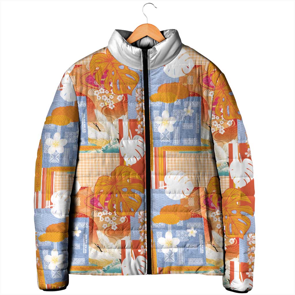 Hawaiian and Japanese Culture Together Padded Jacket Palaka Japanese Art and Tropical Motif Tribal Patchwork