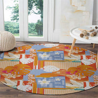 Hawaiian and Japanese Culture Together Round Carpet Palaka Japanese Art and Tropical Motif Tribal Patchwork
