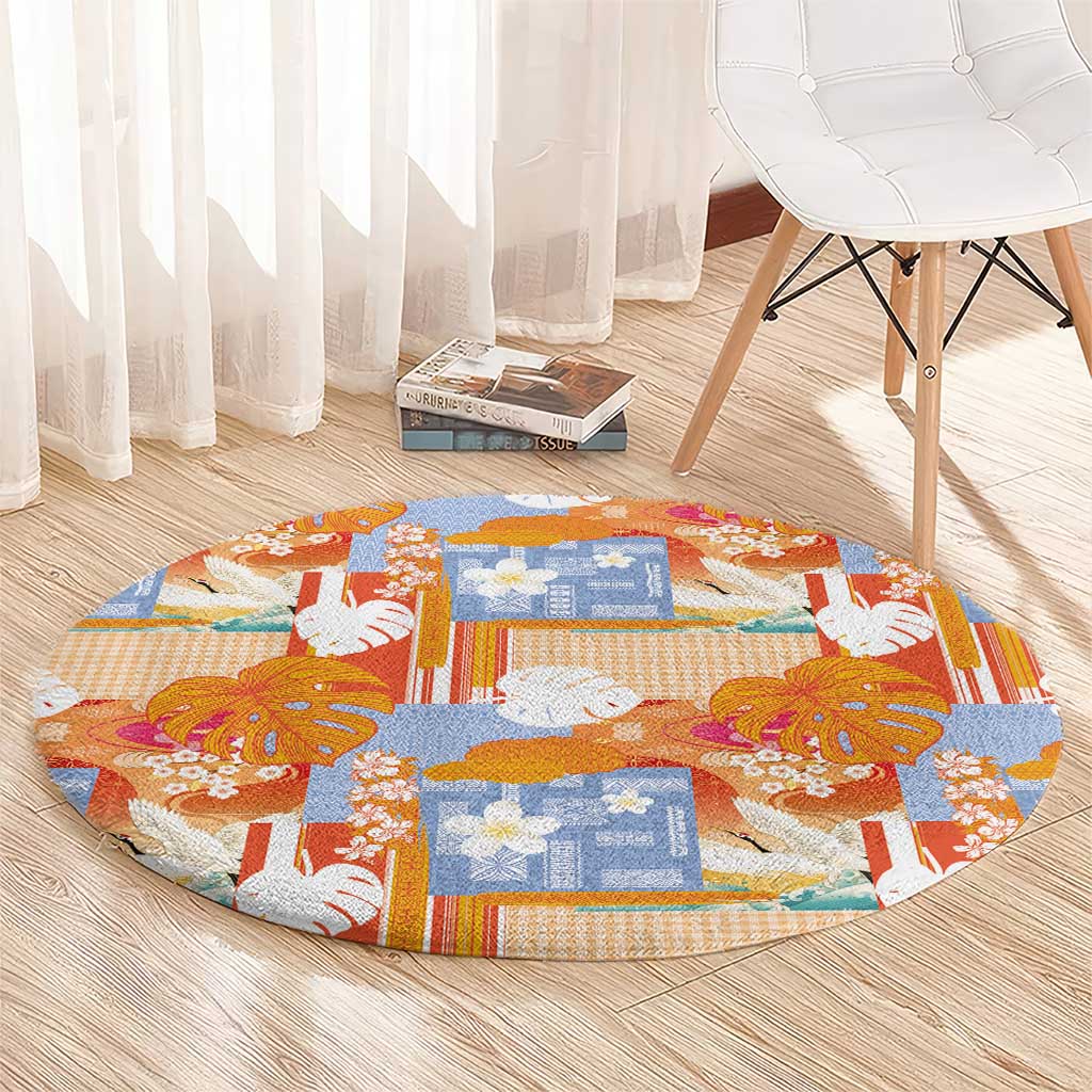 Hawaiian and Japanese Culture Together Round Carpet Palaka Japanese Art and Tropical Motif Tribal Patchwork