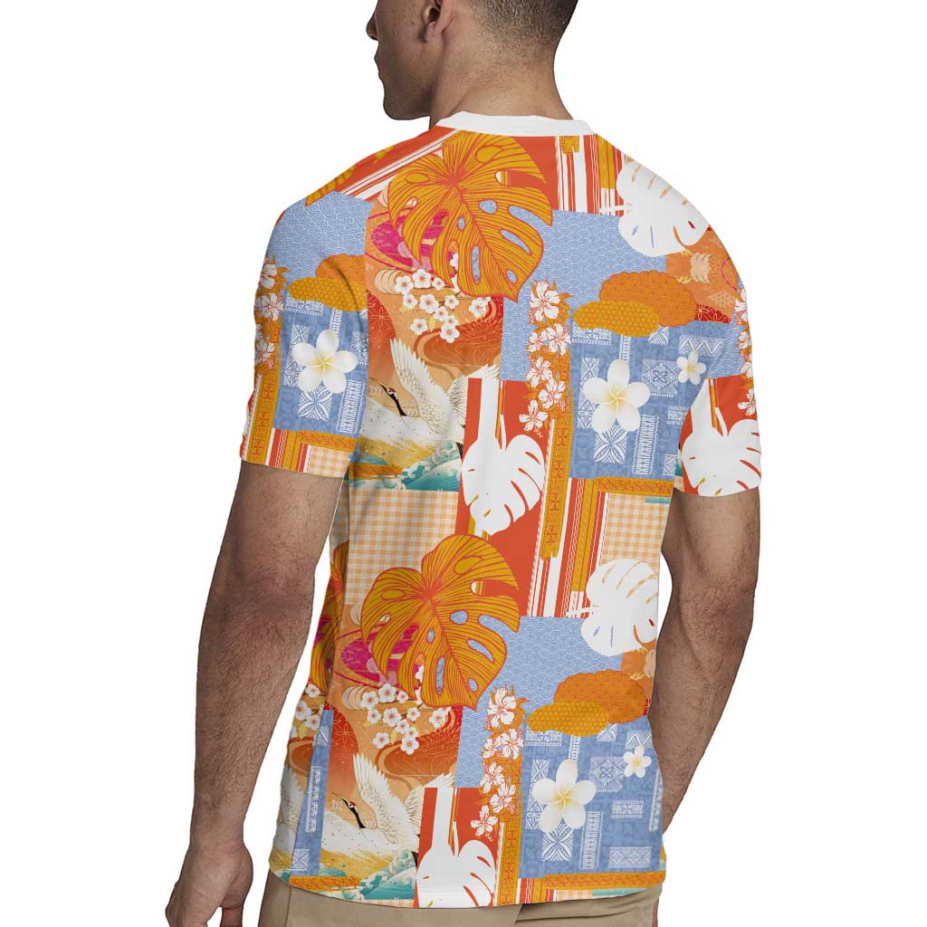 Hawaiian and Japanese Culture Together Rugby Jersey Palaka Japanese Art and Tropical Motif Tribal Patchwork LT03 - Polynesian Pride