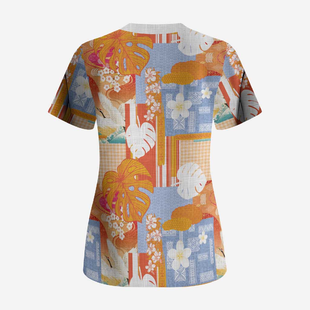 Hawaiian and Japanese Culture Together Scrub Top Palaka Japanese Art and Tropical Motif Tribal Patchwork
