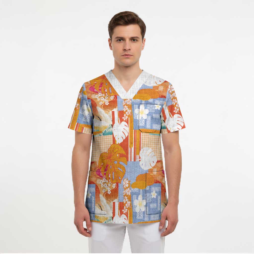 Hawaiian and Japanese Culture Together Scrub Top Palaka Japanese Art and Tropical Motif Tribal Patchwork