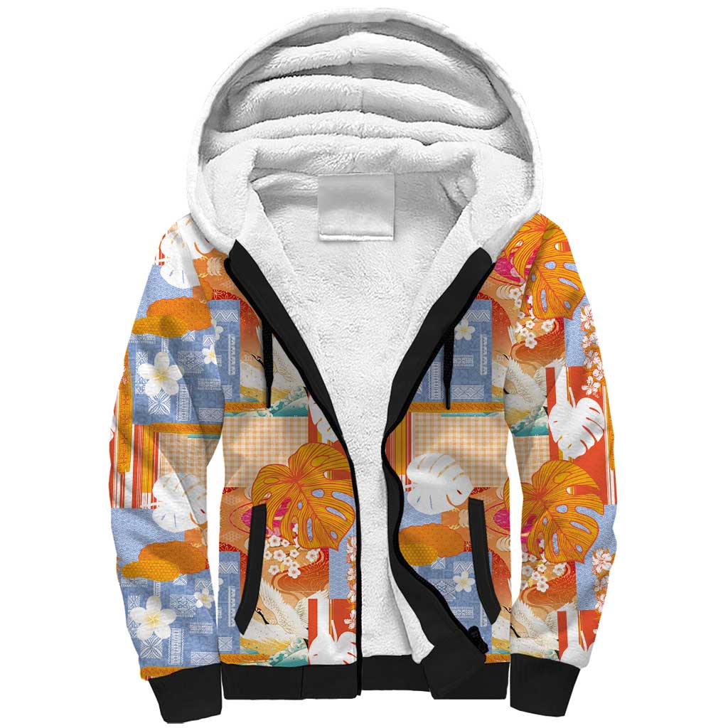 Hawaiian and Japanese Culture Together Sherpa Hoodie Palaka Japanese Art and Tropical Motif Tribal Patchwork