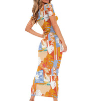 Hawaiian and Japanese Culture Together Short Sleeve Bodycon Dress Palaka Japanese Art and Tropical Motif Tribal Patchwork LT03 - Polynesian Pride