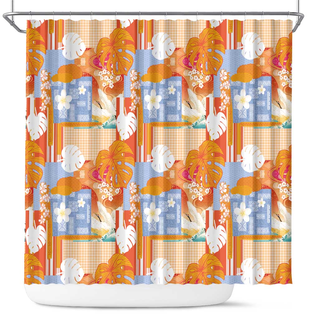 Hawaiian and Japanese Culture Together Shower Curtain Palaka Japanese Art and Tropical Motif Tribal Patchwork LT03 Multicolor - Polynesian Pride