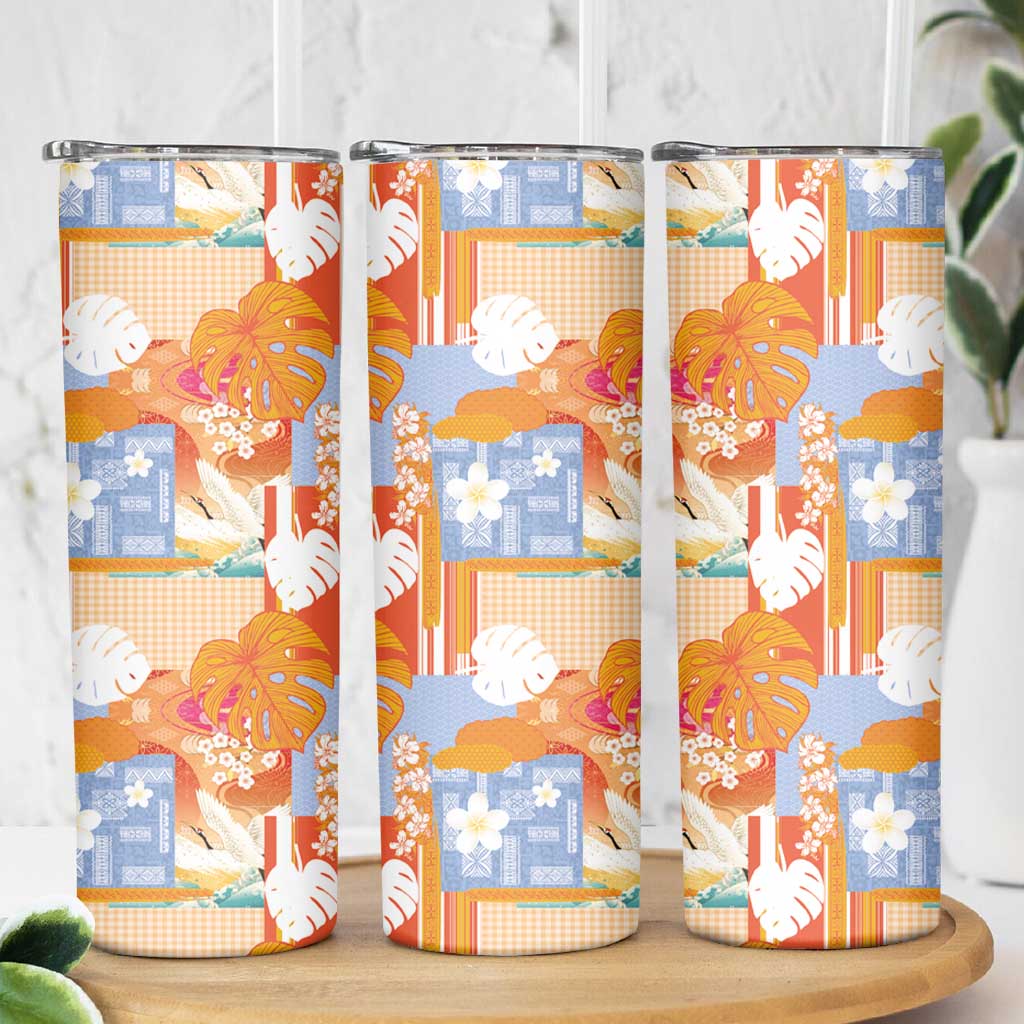 Hawaiian and Japanese Culture Together Skinny Tumbler Palaka Japanese Art and Tropical Motif Tribal Patchwork LT03 - Polynesian Pride