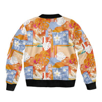 Hawaiian and Japanese Culture Together Sleeve Zip Bomber Jacket Palaka Japanese Art and Tropical Motif Tribal Patchwork