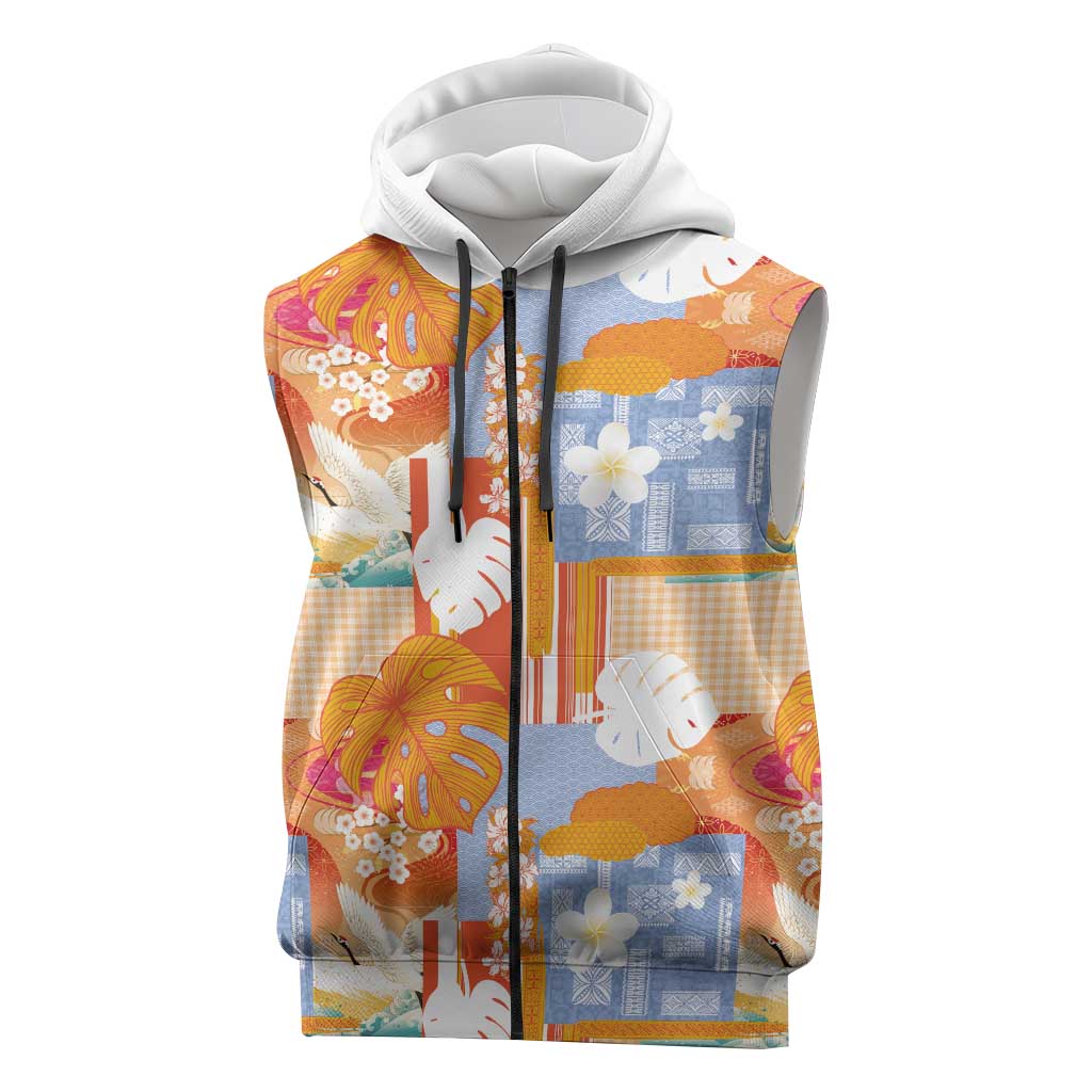 Hawaiian and Japanese Culture Together Sleeveless Zip Hoodie Palaka Japanese Art and Tropical Motif Tribal Patchwork LT03 Multicolor - Polynesian Pride