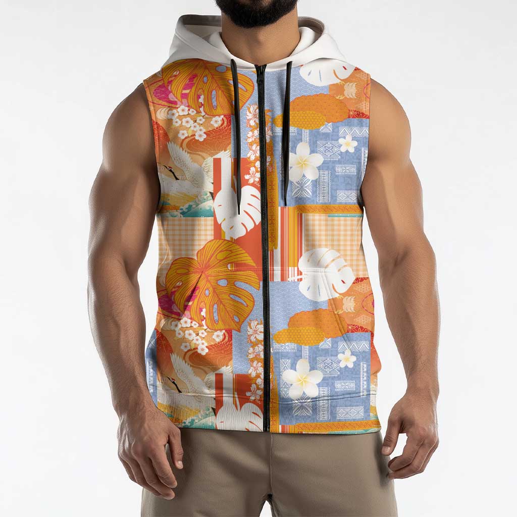 Hawaiian and Japanese Culture Together Sleeveless Zip Hoodie Palaka Japanese Art and Tropical Motif Tribal Patchwork LT03 - Polynesian Pride