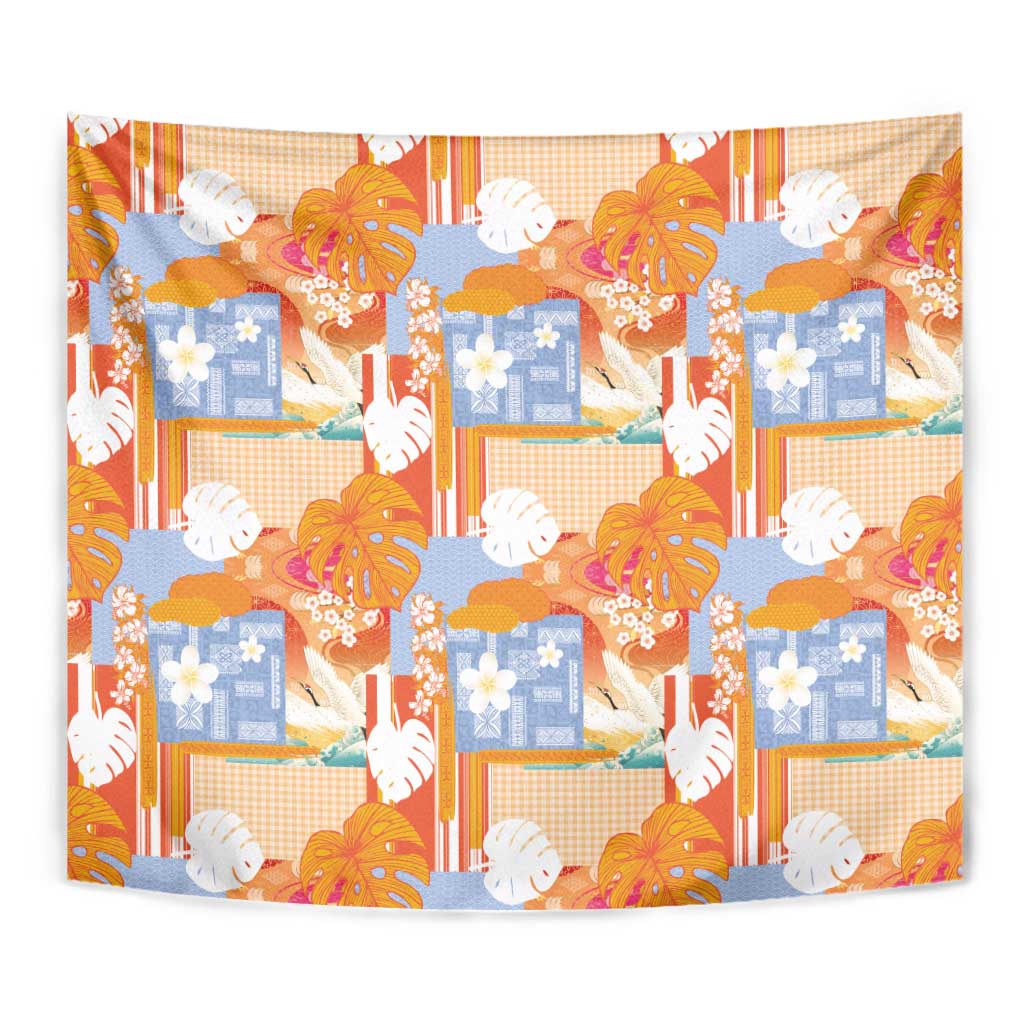 Hawaiian and Japanese Culture Together Tapestry Palaka Japanese Art and Tropical Motif Tribal Patchwork