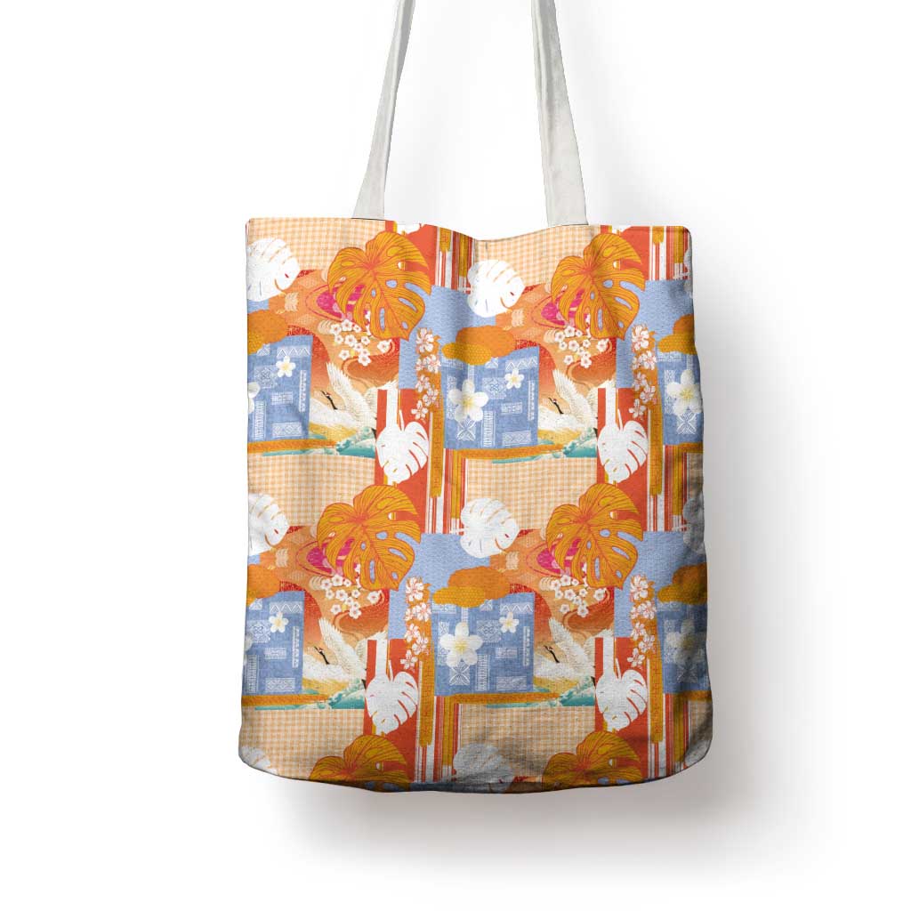 Hawaiian and Japanese Culture Together Tote Bag Palaka Japanese Art and Tropical Motif Tribal Patchwork LT03 - Polynesian Pride