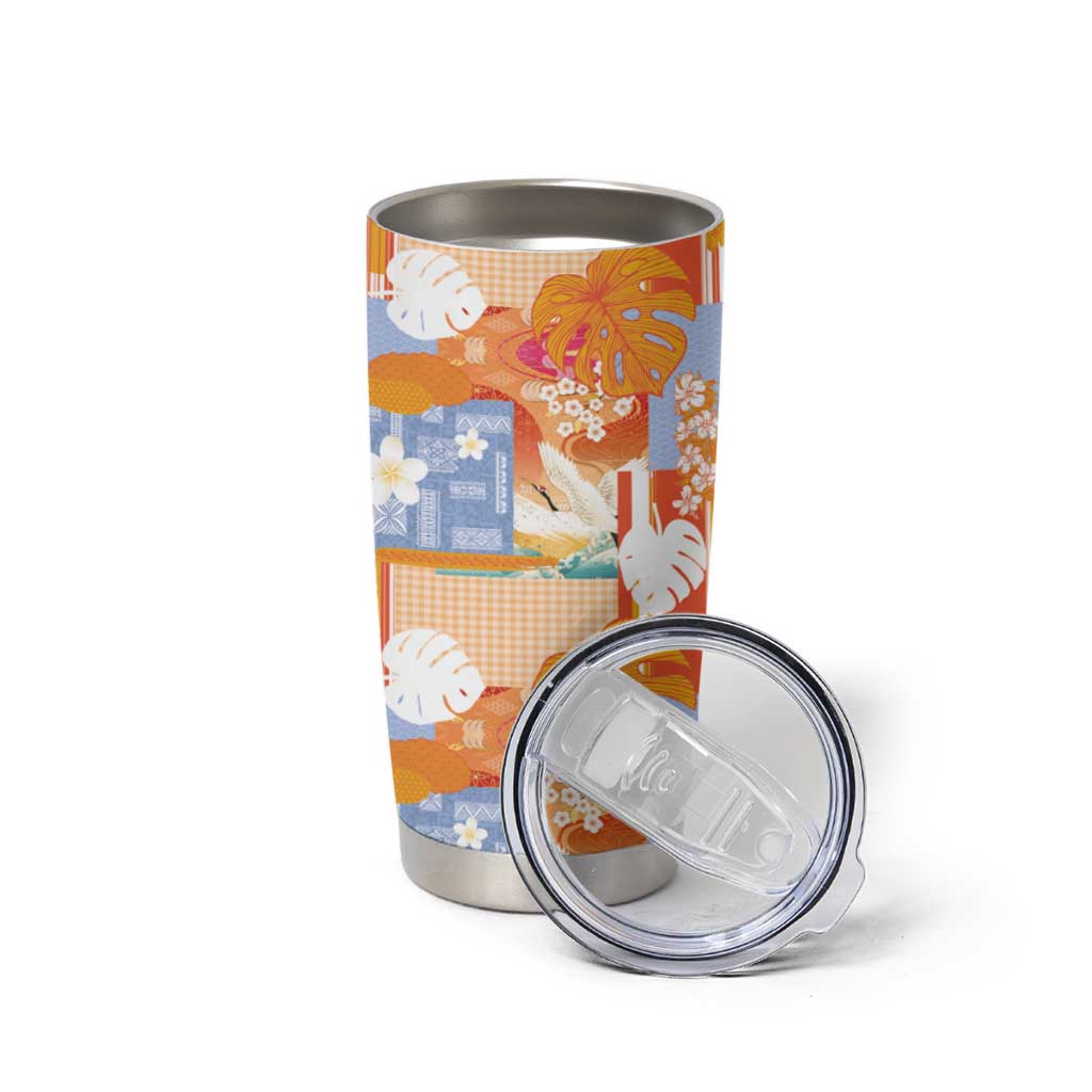Hawaiian and Japanese Culture Together Tumbler Cup Palaka Japanese Art and Tropical Motif Tribal Patchwork LT03 - Polynesian Pride