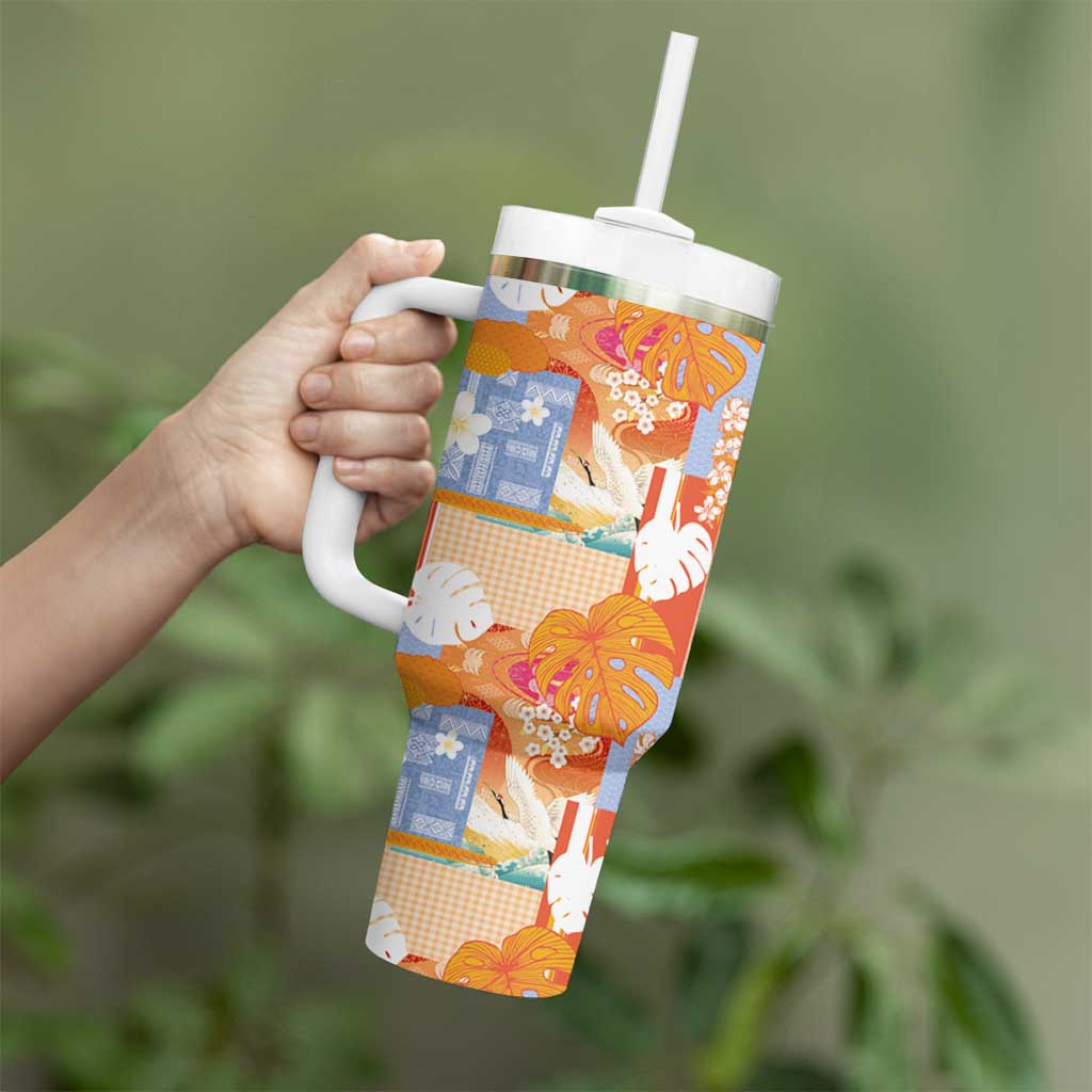 Hawaiian and Japanese Culture Together Tumbler With Handle Palaka Japanese Art and Tropical Motif Tribal Patchwork LT03 - Polynesian Pride