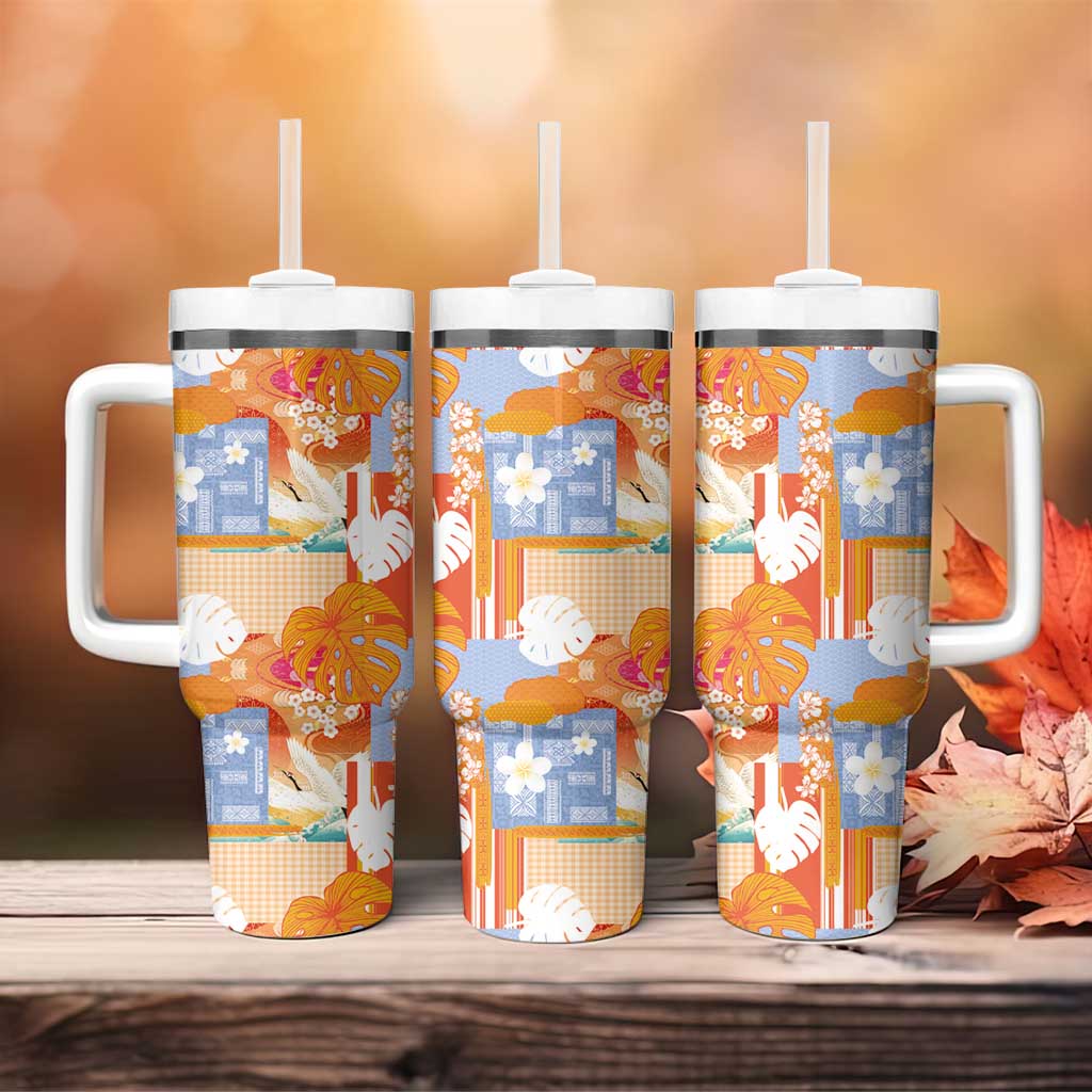 Hawaiian and Japanese Culture Together Tumbler With Handle Palaka Japanese Art and Tropical Motif Tribal Patchwork LT03 - Polynesian Pride