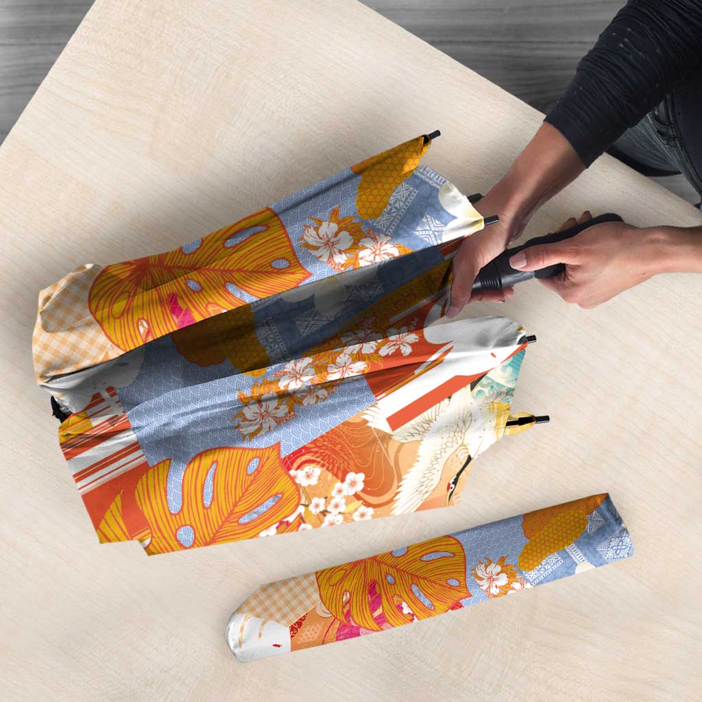 Hawaiian and Japanese Culture Together Umbrella Palaka Japanese Art and Tropical Motif Tribal Patchwork