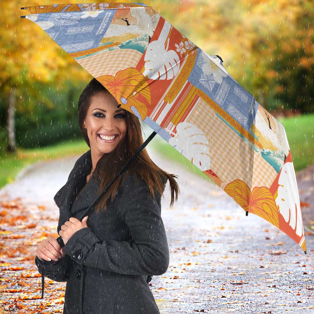 Hawaiian and Japanese Culture Together Umbrella Palaka Japanese Art and Tropical Motif Tribal Patchwork