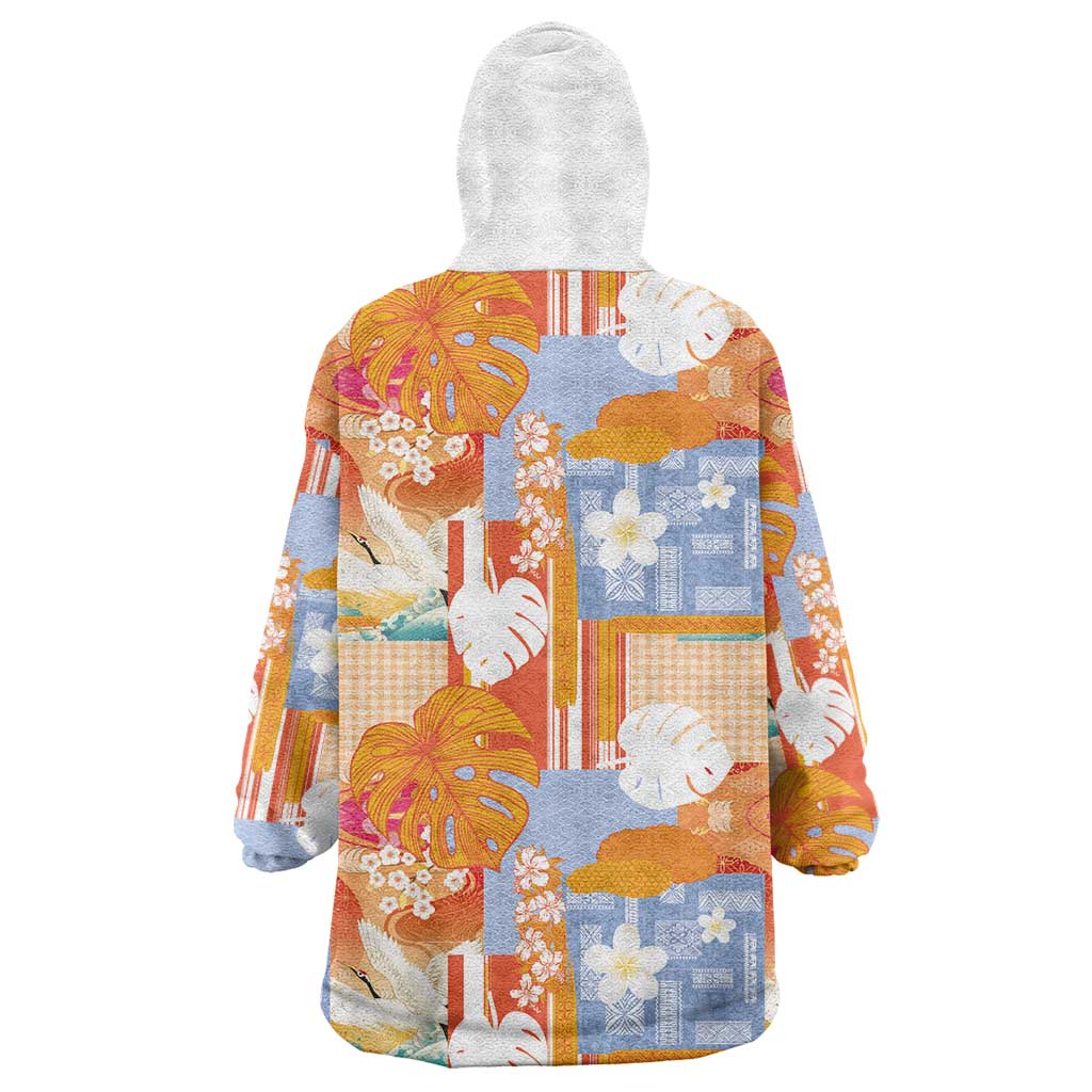 Hawaiian and Japanese Culture Together Wearable Blanket Hoodie Palaka Japanese Art and Tropical Motif Tribal Patchwork LT03 - Polynesian Pride
