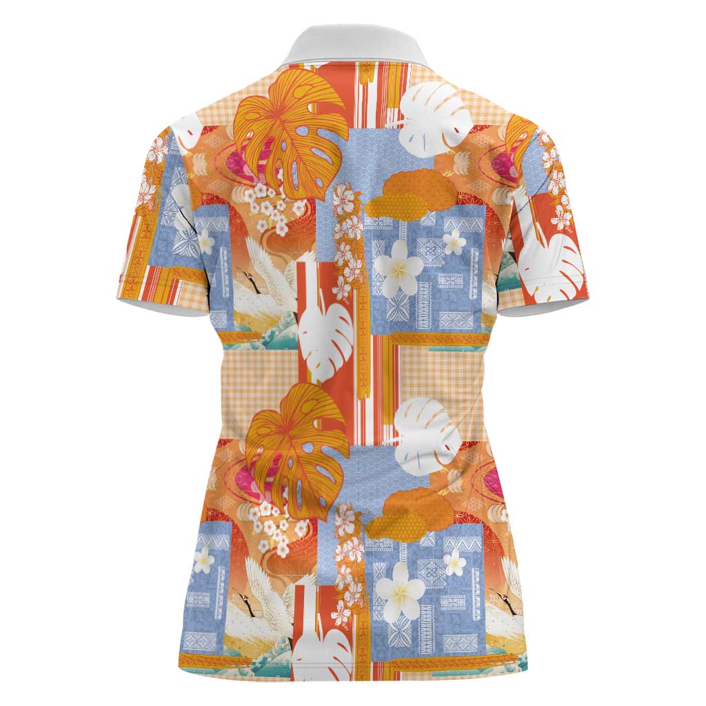 Hawaiian and Japanese Culture Together Women Polo Shirt Palaka Japanese Art and Tropical Motif Tribal Patchwork LT03 - Polynesian Pride
