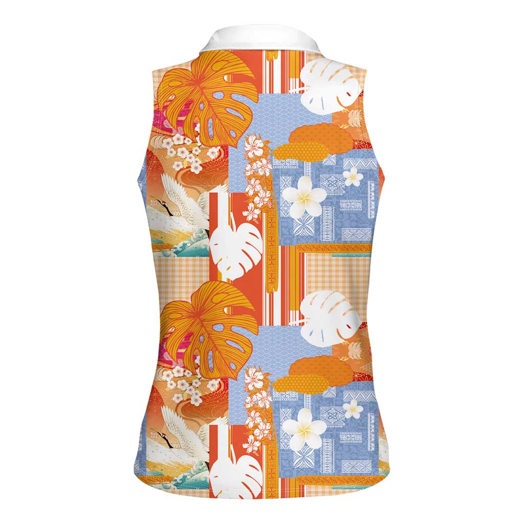 Hawaiian and Japanese Culture Together Women Sleeveless Polo Shirt Palaka Japanese Art and Tropical Motif Tribal Patchwork LT03 - Polynesian Pride
