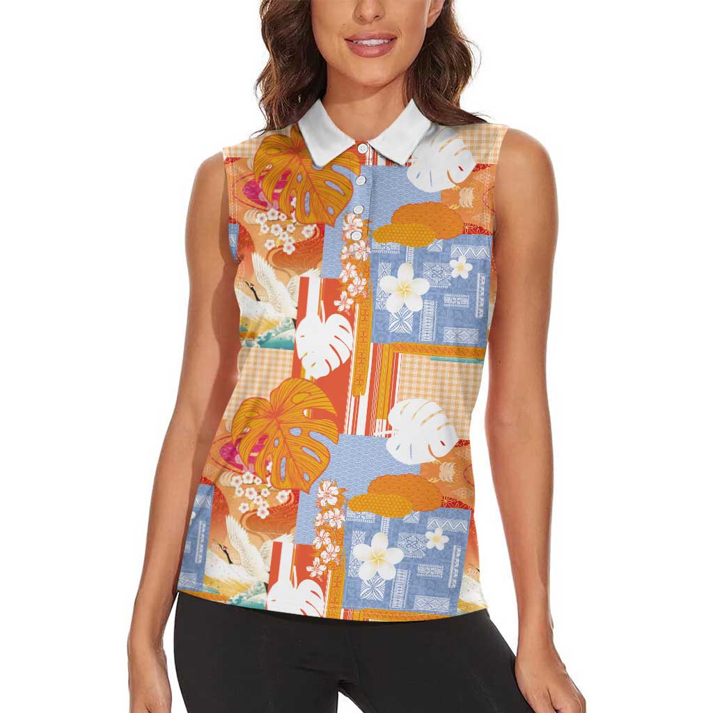 Hawaiian and Japanese Culture Together Women Sleeveless Polo Shirt Palaka Japanese Art and Tropical Motif Tribal Patchwork LT03 - Polynesian Pride