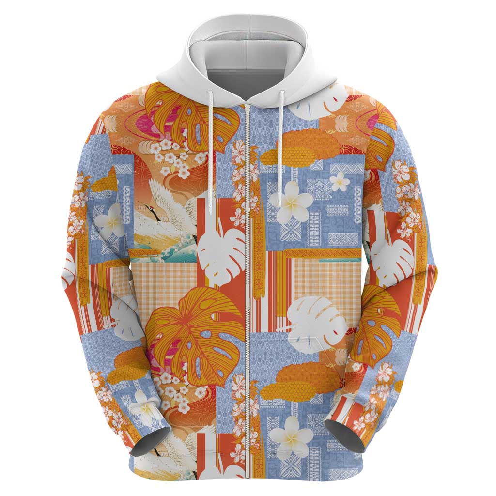 Hawaiian and Japanese Culture Together Zip Hoodie Palaka Japanese Art and Tropical Motif Tribal Patchwork LT03 - Polynesian Pride