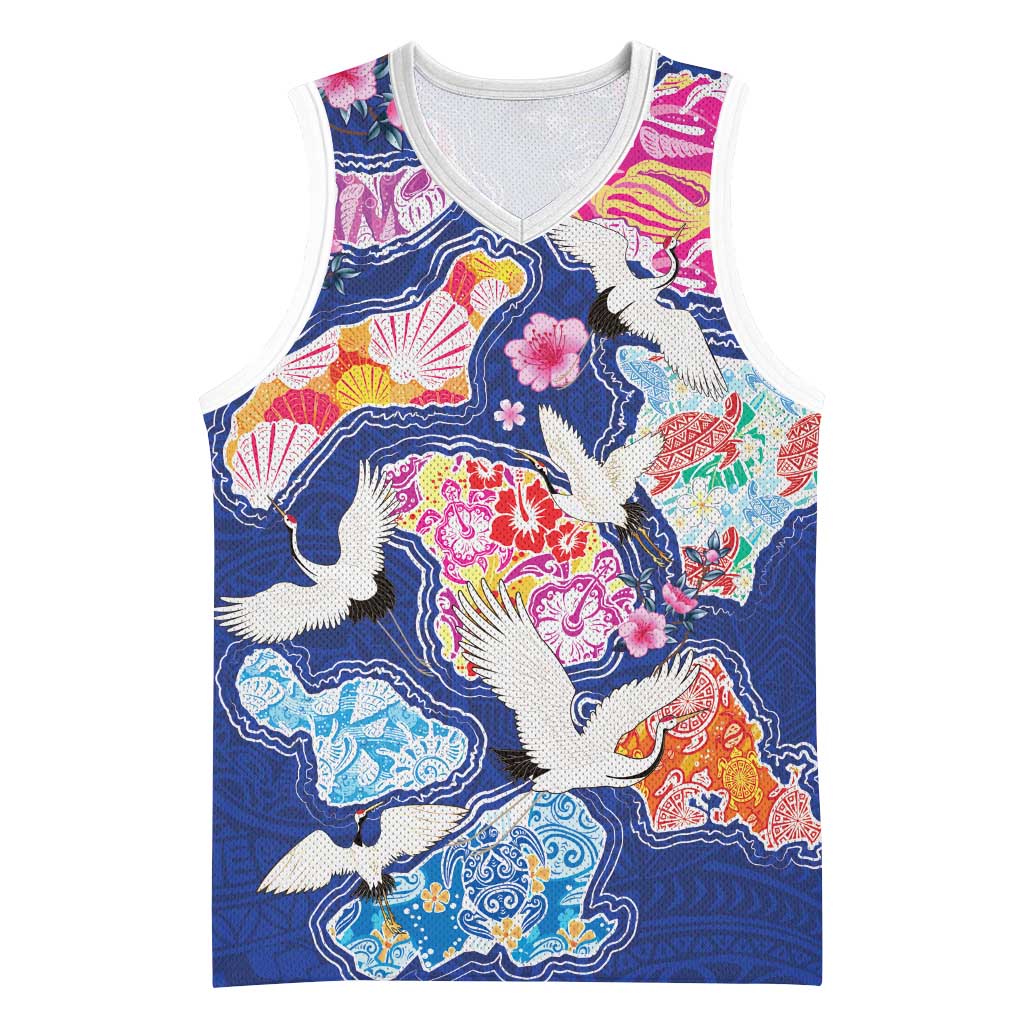 Hawaiian and Japanese Culture Together Basketball Jersey Hawaiian Archipelago Shape Sea Animals LT03 Unisex Multicolor - Polynesian Pride