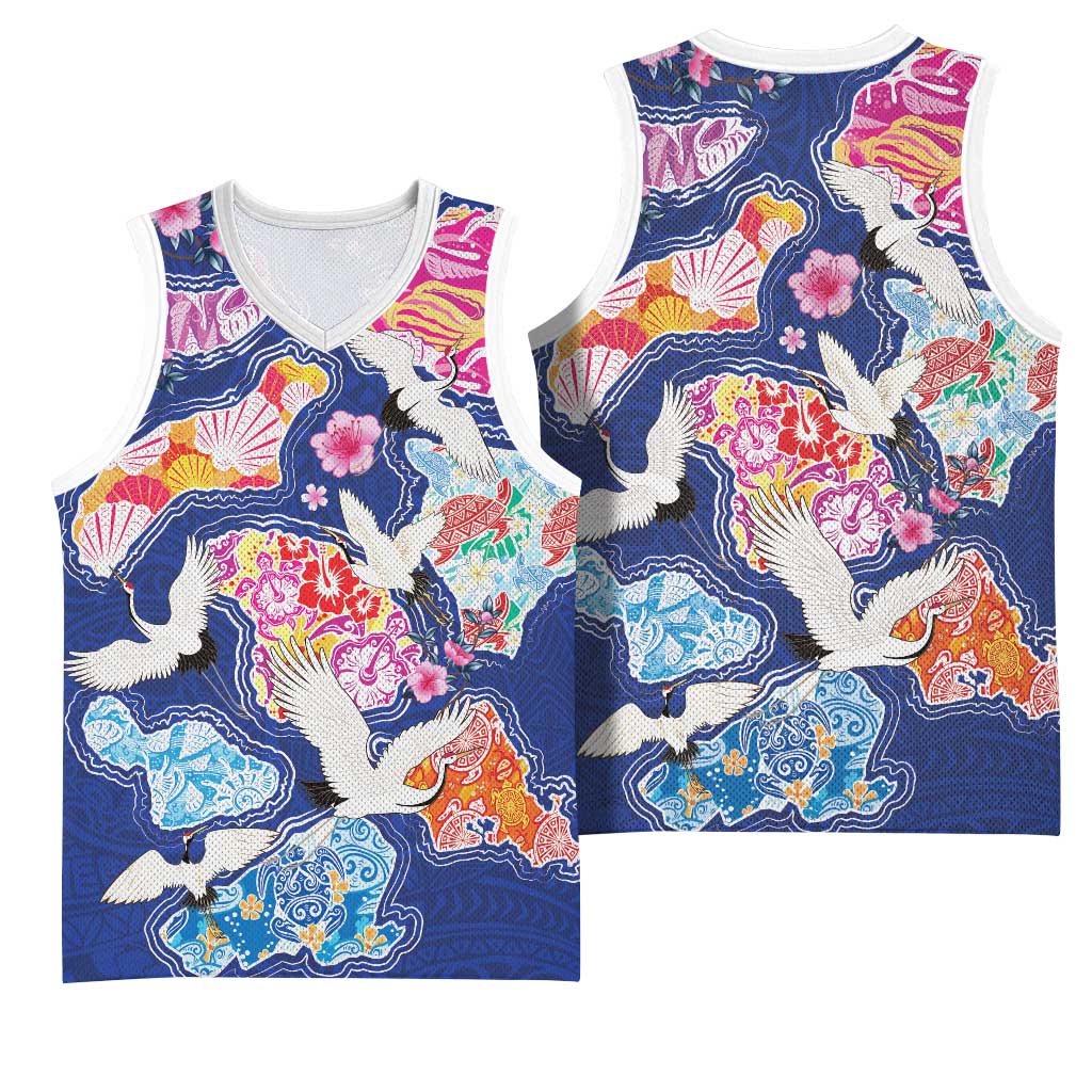 Hawaiian and Japanese Culture Together Basketball Jersey Hawaiian Archipelago Shape Sea Animals LT03 - Polynesian Pride